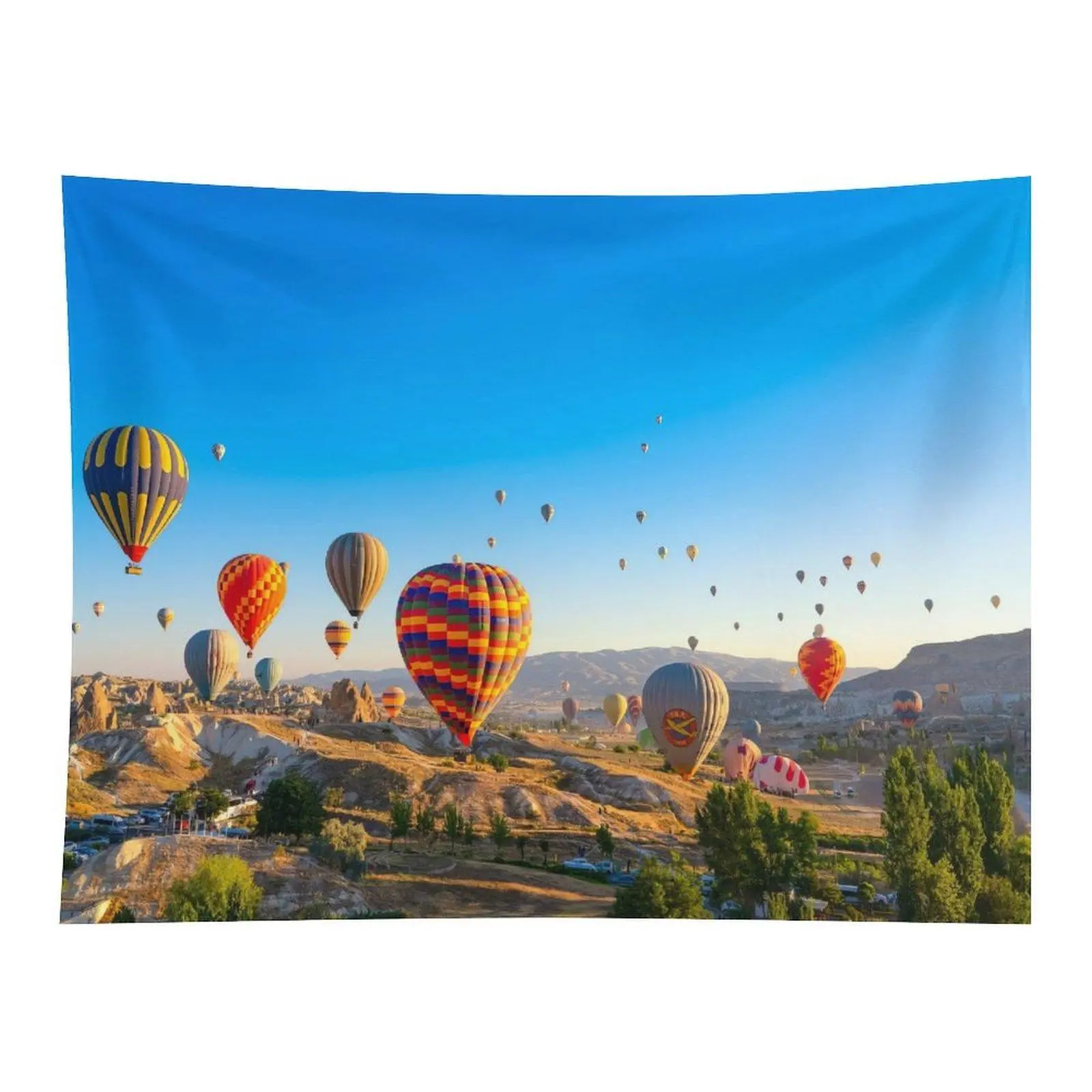 Colorful Hot Air Balloons Cappadocia Valley Sunrise Clear Sky Wall Tapestry Wall Hanging, Turkey Travel Famous Landmark Scenery Decor for Wanderlust Living Room Ornament