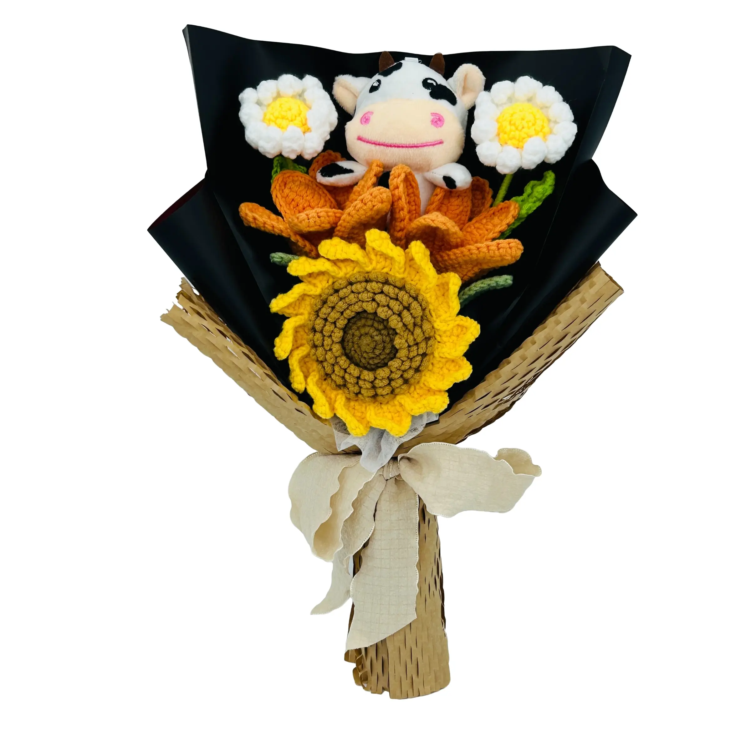 Handmade Crochet Sunflower Cute Cow Doll Bouquet, Mother's Day Friend Lover Grandmother Party Gift, Fake Flower Arrangement Knit Memorial Gift