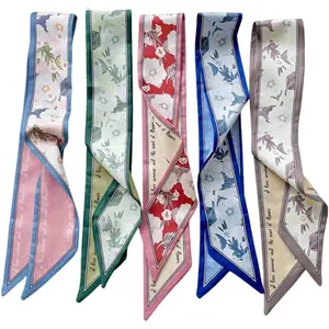 Retro Floral Small Ribbon Silk Scarf,Hair Band Scarf Tie Neck Scarfs Fashion Gift,Purse Headband Handbag Belt Scarfs