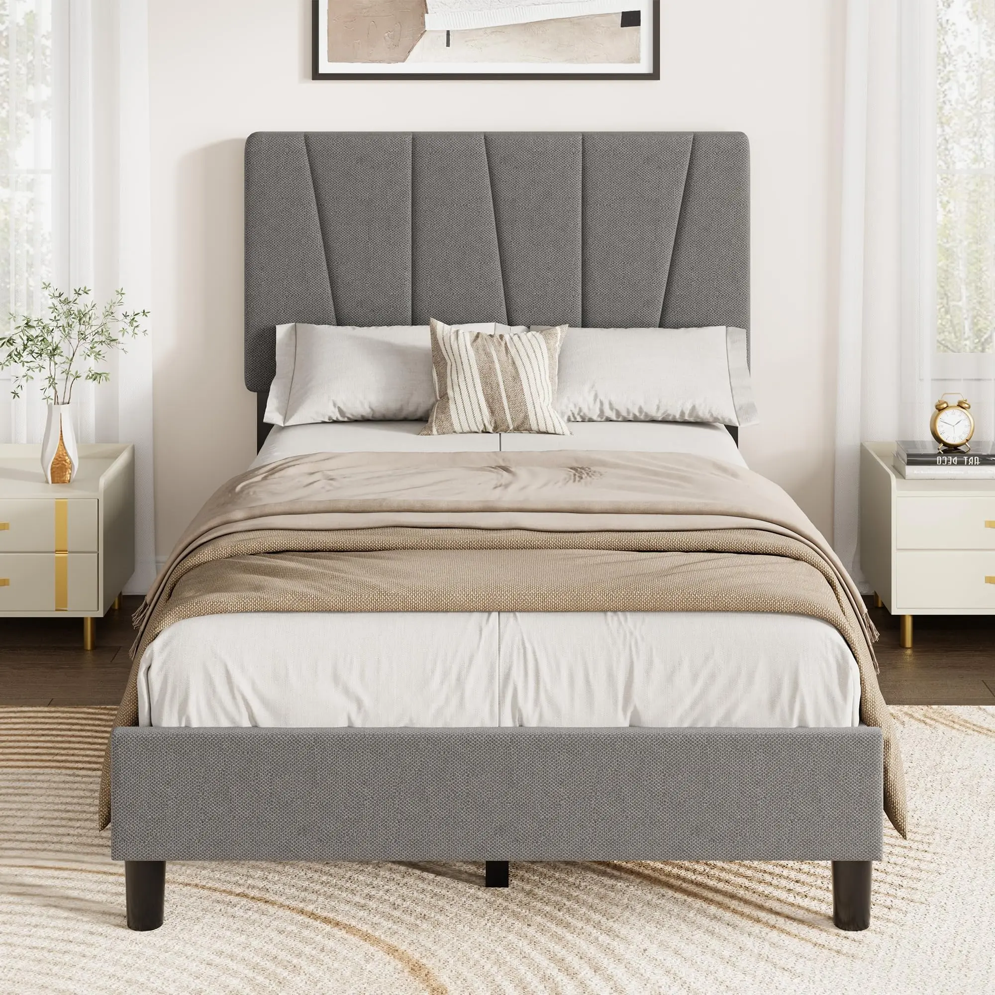 Garvee Twin Size Bed Frame with Adjustable Headboard, Linen Upholstered Twin Platform Bedframe with Strong Wooden Slats, Mattress Foundation, No Box Spring Needed, Easy Assembly