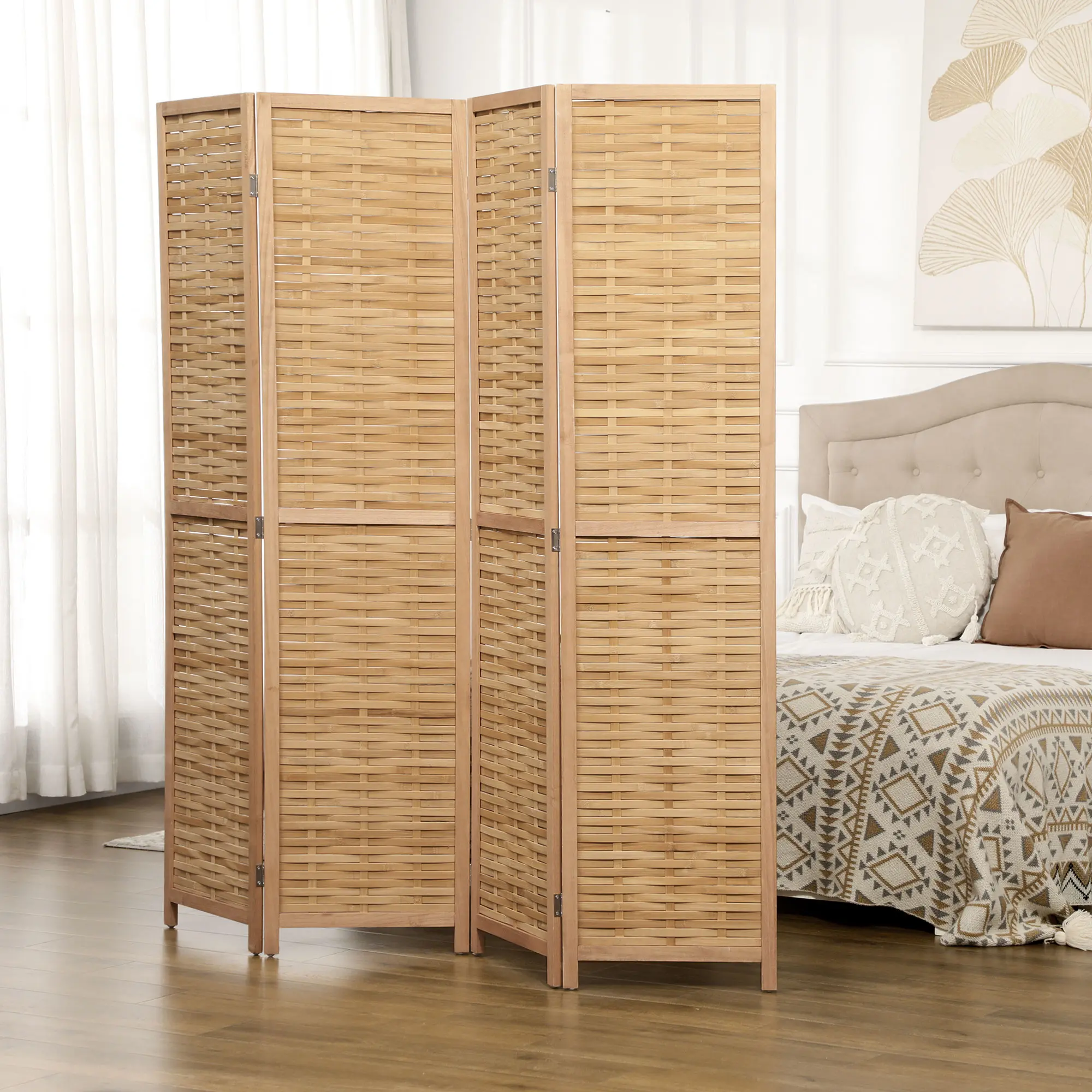 Hand Woven 4-Panel Bamboo Folding Room Divider - 67" Tall Natural Portable Freestanding Partition for Home Office, Zen Meditation Space, Oriental Asian Style Decor