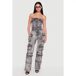 Acid Wash Button Front Cargo Pocket Jumpsuit