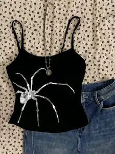 Women's Fitted Sleeveless Vest, Spider Graphic Print, Adjustable Thin Straps, Sexy Fashion American Youth Style, Casual Daily Wear