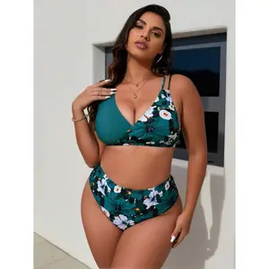 Plus Size Bikini Set Women - Digital Print Two Piece Swimsuit With Push Up Padding - Stylish Bathing Suits Curvy Women - Adjustable Straps & Waisted Bottoms