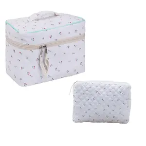 2 Pcs Cotton Quilted Makeup Bag,Travel Coquette Cosmetic Bag, Aesthetic Cute Floral Cherry Peony Toiletry Organizer skincare Bag for Women Girls(Cherry Style)
