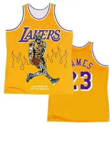 LeBron James #23 Los Angeles Basketball Jersey Yellow Purple Skeleton Dunk Flame "City of Angels" Graphic Breathable Mesh Sleeveless for LeBron Fans Supporters, Streetwear Collectors & Basketball Legend Enthusiasts