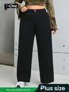 [Plus Size] Solid High Waist Wide Leg Fitted Jeans, Casual Comfy Denim Jeans for Daily Wear, Women's Bottoms for All Seasons, Pants