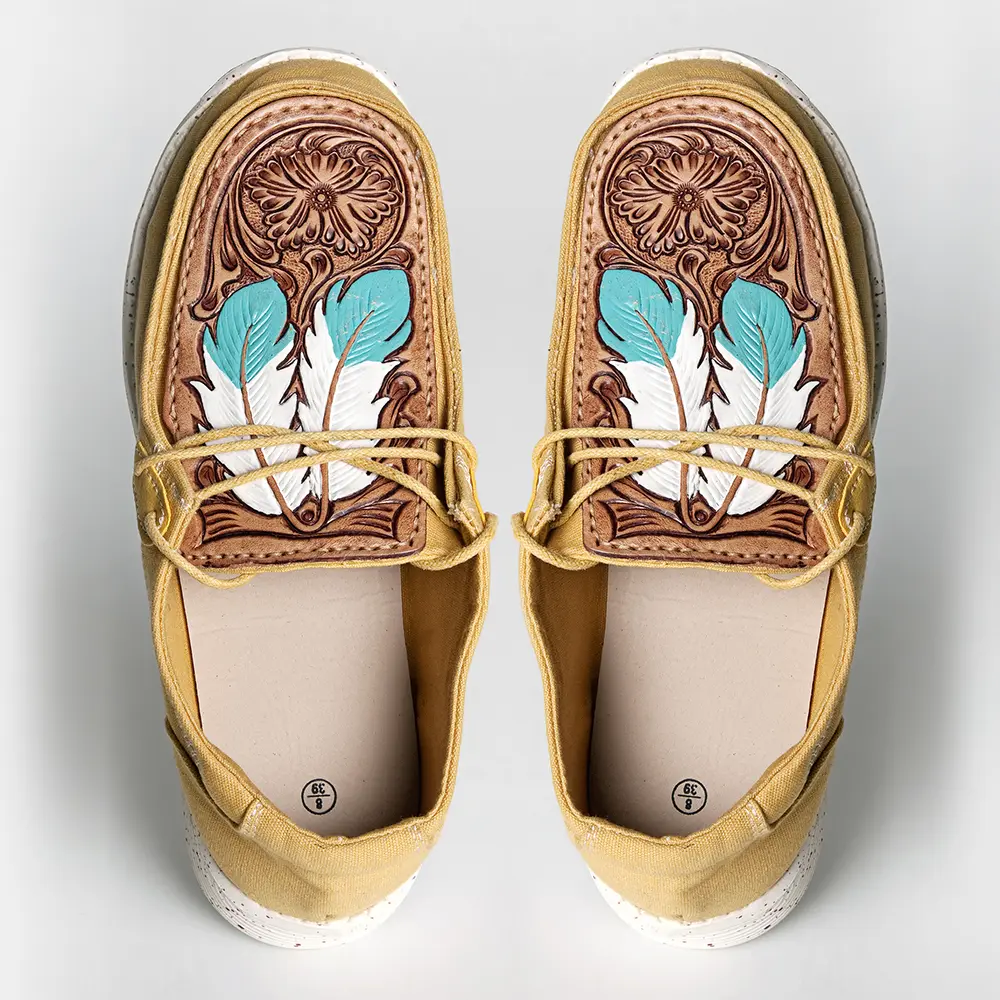 American Darling Hand tooled, carved genuine leather trim lightweight shoe footwear, slip on| Tooled Footwear