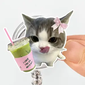 Cat Matcha Badge Reel Aligator Clip – Cute Cat "I Love Matcha" ID Holder – Funny Cute Cat Lover, Nurse, Teacher Gift, Accessory