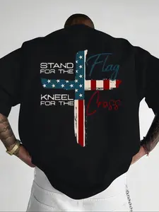 Men's Crew Neck Knit Short Sleeve T-Shirt, Casual Style with American Flag Print, Fitted Design for All Seasons, Streetwear