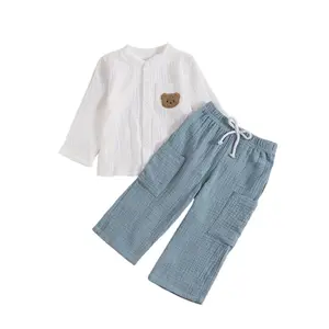 Ready Stock 6m-3y Baby Boys Bear Embroidery Long Sleeve shirt and Elastic Pants 2Pcs Clothes 42508043