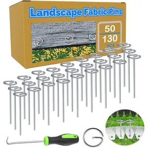 50Pcs Landscape + 1 Pick Hook, Circle Top Landscape Stakes, 6-Inch Galvanized, Landscape Pins, Weed Barrier Stake for Plant Cover, Lawn, Tent, Yard, Sod