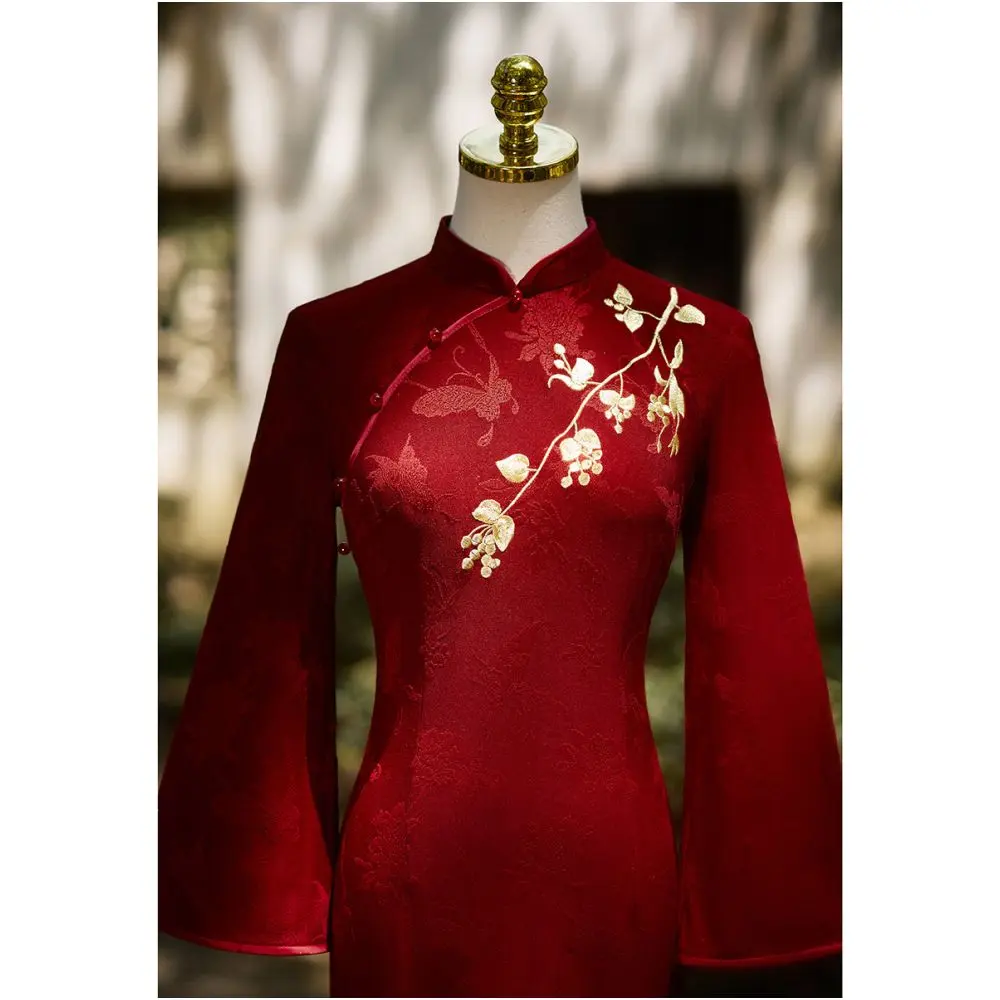 Retro Red Embroidered Cheongsam - Neo-Oriental Long Sleeve Maxi Dress - New Chinese Style Occasion Wear