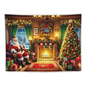 Cozy Christmas Living Room Tapestry Red Santa on Sofa with Cane Smiling Fireplace Flames Wreath Gifts Christmas Tree Lights for Festive Atmosphere