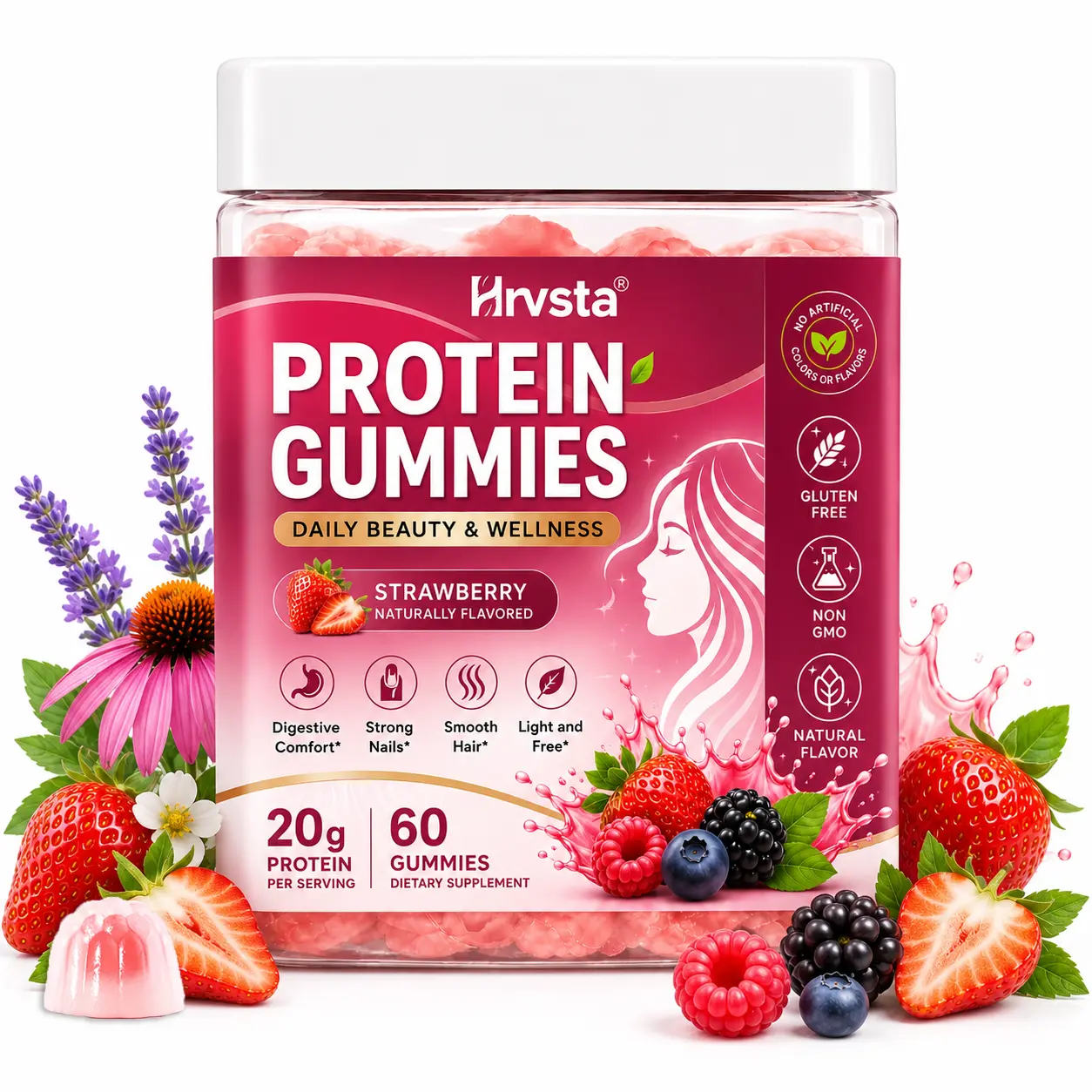 Protein Gummies for Women, Strawberry Flavor, 20g Protein per Serving, 60 Gummies, Daily Beauty & Wellness Supplement, Gluten Free, Non-GMO