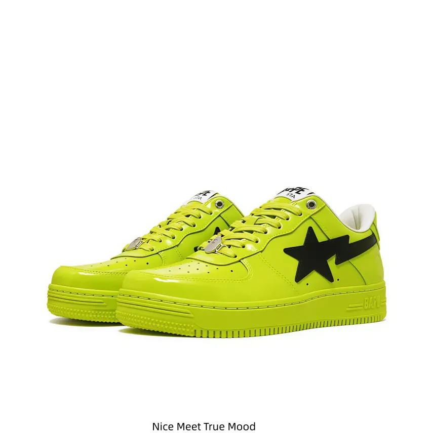 Fluorescent Neon Green Glossy Low-Top Skate Sneakers, accented with black star-and-lightning side logo, thick matching-colored sole, street hip-hop style lace-up casual footwear for unisex daily wear and collection