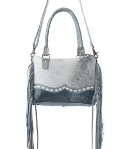 Dusty Blue Genuine Cowhide Western Concealed Carry Purse – Embossed Leather Trim Crossbody Handbag (10.5” x 8.25”)