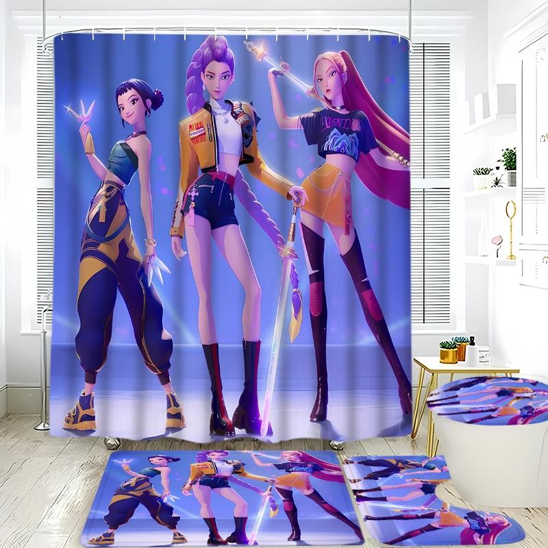 Creative Cartoon Kpop Demon Hunter Shower Curtain Set, 4-Piece Bathroom Accessories, Includes Toilet Seat Cover and Mat, Holiday Home Decor Gift, Bathroom Decoration Accessories