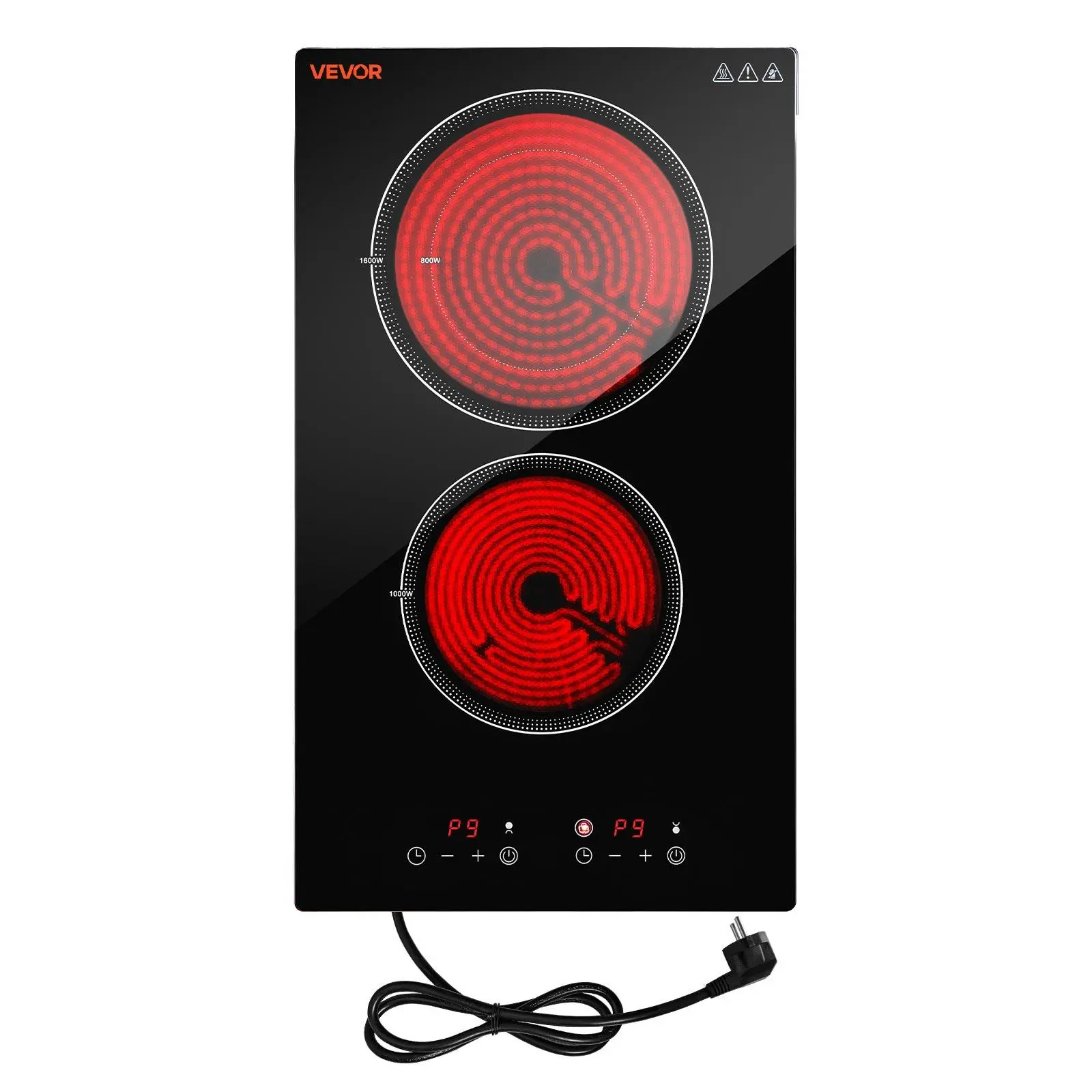 VEVOR Electric Cooktop 12inch 2 Burners Portable Stove Top 1800W 120V, Ceramic Countertop/Built-in Radiant Electric Stove, with 9 Power Levels, Timer, Child Lock, Over-Heat Guard, Touch Control