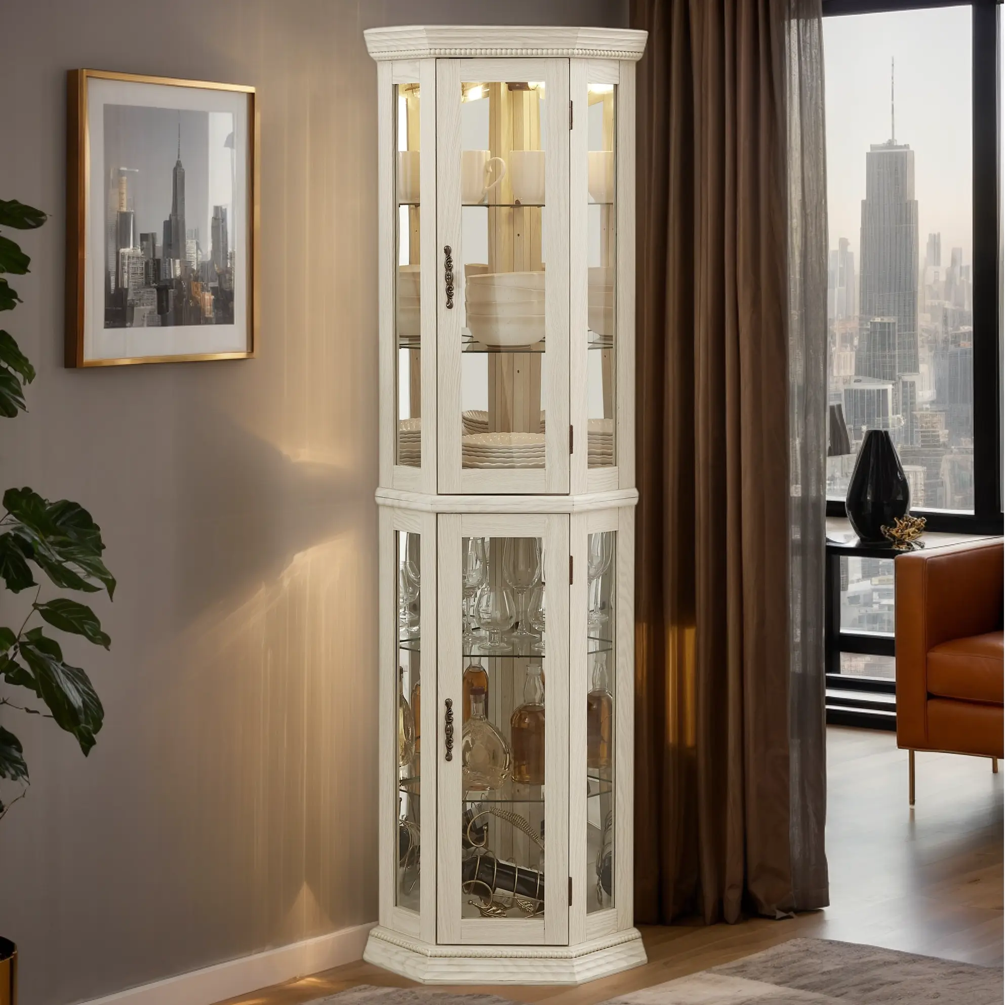 Eyisean 70" H Retro Corner Curio Cabinet, 6-Tier Glass Display Cabinet with Light Bulb & Adjustable Glass Shelves for Collectibles, Mirrored Back, 150 Lbs Weight Capacity, Floor Standing Cabinet for Living Room, Home Office, Apartment, Bedroom
