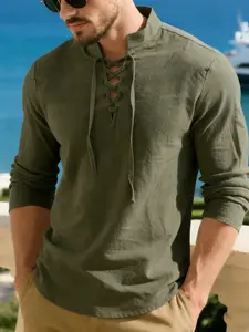 Men's Lightweight Linen Shirt, Drawstring Collar, Stand Collar Design, Casual Long Sleeve Polo, Perfect for Daily Commute and Vacation