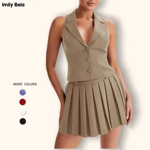 Imily Bela Womens Summer 2 Piece Outfits V Neck Blazer Vest Matching Sets and Mini Pleated Skirts