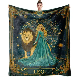 Luxury 270g Flannel Blanket Leo Zodiac Theme Print Nordic Style Bedroom Living Room Decorative Blanket Thick Warm Sofa Cover Blanket Home Office Nap Air Conditioning Blanket Birthday Gift
