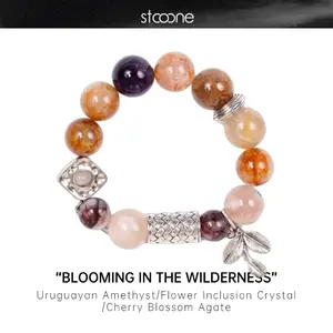 Uruguayan Amethyst/Flower Inclusion Crystal /Cherry Blossom Agate natural crystal bead bracelet ORIGINAL DESIGN BRAND Natural/Unique/handmade Lucky Charm, Energy Balancing, Great Gift, Trendy Accessories
