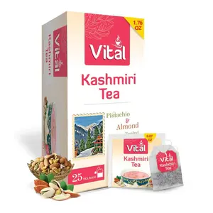 Vital Tea Kashmiri Pink Tea Bags – 25 Green Tea Bags with Almond & Pistachio Topping