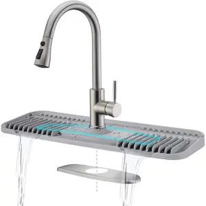 2nd Generation Silicone Faucet Mat, Kitchen Silicone Faucet Drip Catcher with Cuttable Circular Central for Kitchen Sink, Tailor-Made for Faucets with Deck Plate[Light Grey]