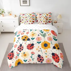 Red Ladybug 7 Piece Bed Set,- Includes Comforter & Sheet Set,Cartoon Ladybugs Bedding for Boy Teen Adult - Reptile Beetles Flower Floral Rustic Bedding Comforter Set,(Yellow Green)