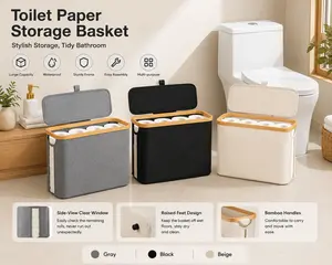 Toilet Paper Storage Basket with Lid – Free Standing Bathroom Organizer for Mega Rolls, Foldable Toilet Tissue Storage Bin with Handles, Space-Saving Toilet Paper Holder for Bathroom, RV, Closet, Laundry Room, Black/Grey/White