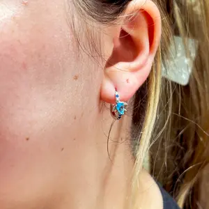 Sea Turtle Hoop Earrings – Dainty Aquamarine Animal Earrings – 925 Sterling Silver Turtle Huggies – March Birthstone Jewelry – Beach Gift