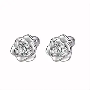 Cuafufu 925 Sterling Silver Rose Flower Screw Back Stud Earrings with AAA Cubic Zirconia for Women, Hypoallergenic Jewelry for Special Occasions