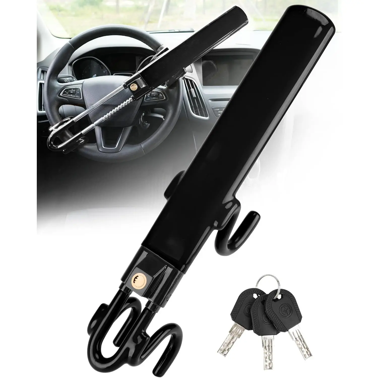Steering Wheel Lock Anti-Theft Car Device Heavy Duty Security Car Lock Antitheft Locking Devices Great Deterrent Adjustable Car Wheel Lock Anti Theft for Vehicle Truck with 3 Keys(Black)