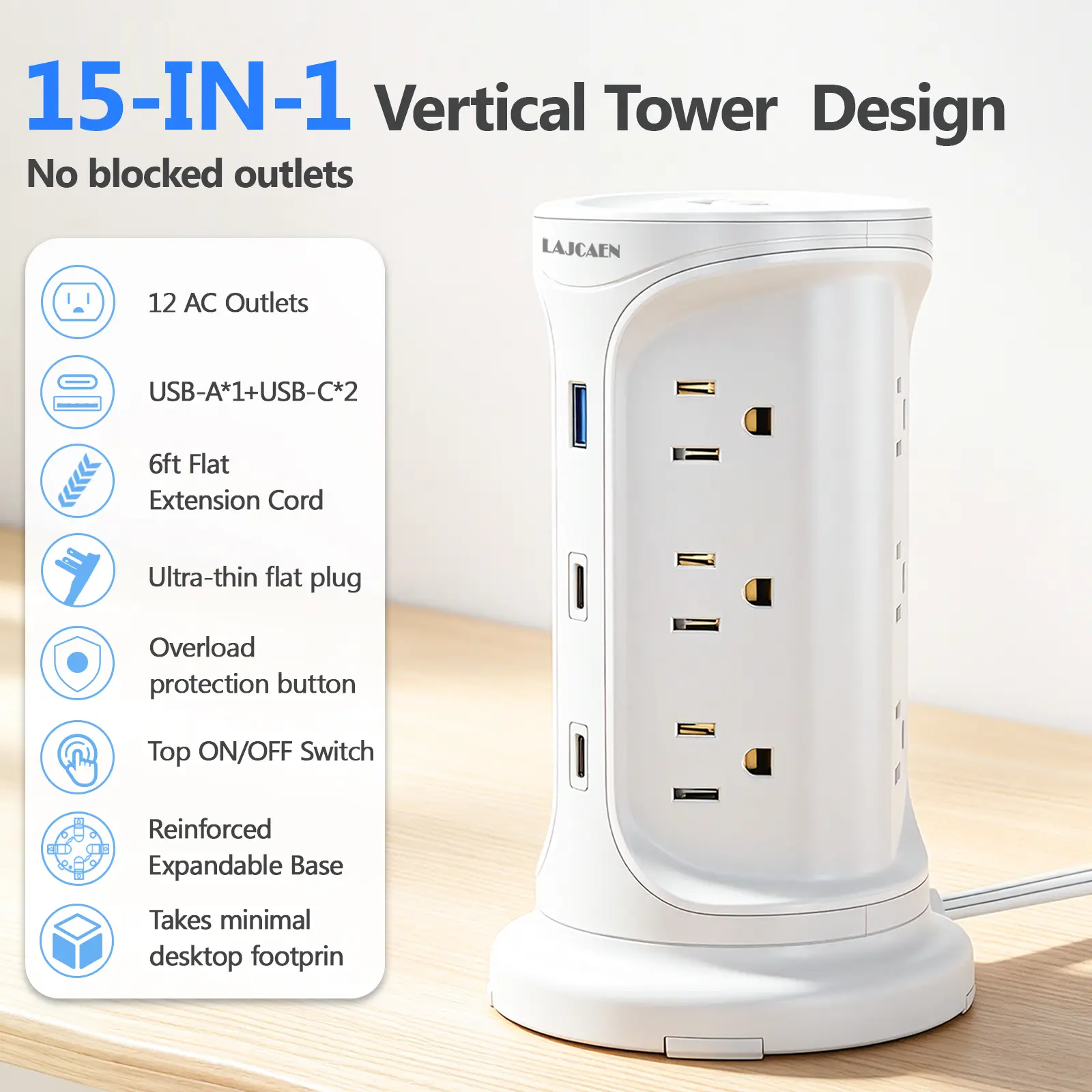 15-in-1 White Tower Smart Power Strip - 12 Outlets, 1050J Surge Protection, 1 USB-A 2.4A, 2 USB-C 3A Ports, 6FT Ultra-Thin Flat Plug Cord, Indoor Multi-Device Charging Station for Home, Office