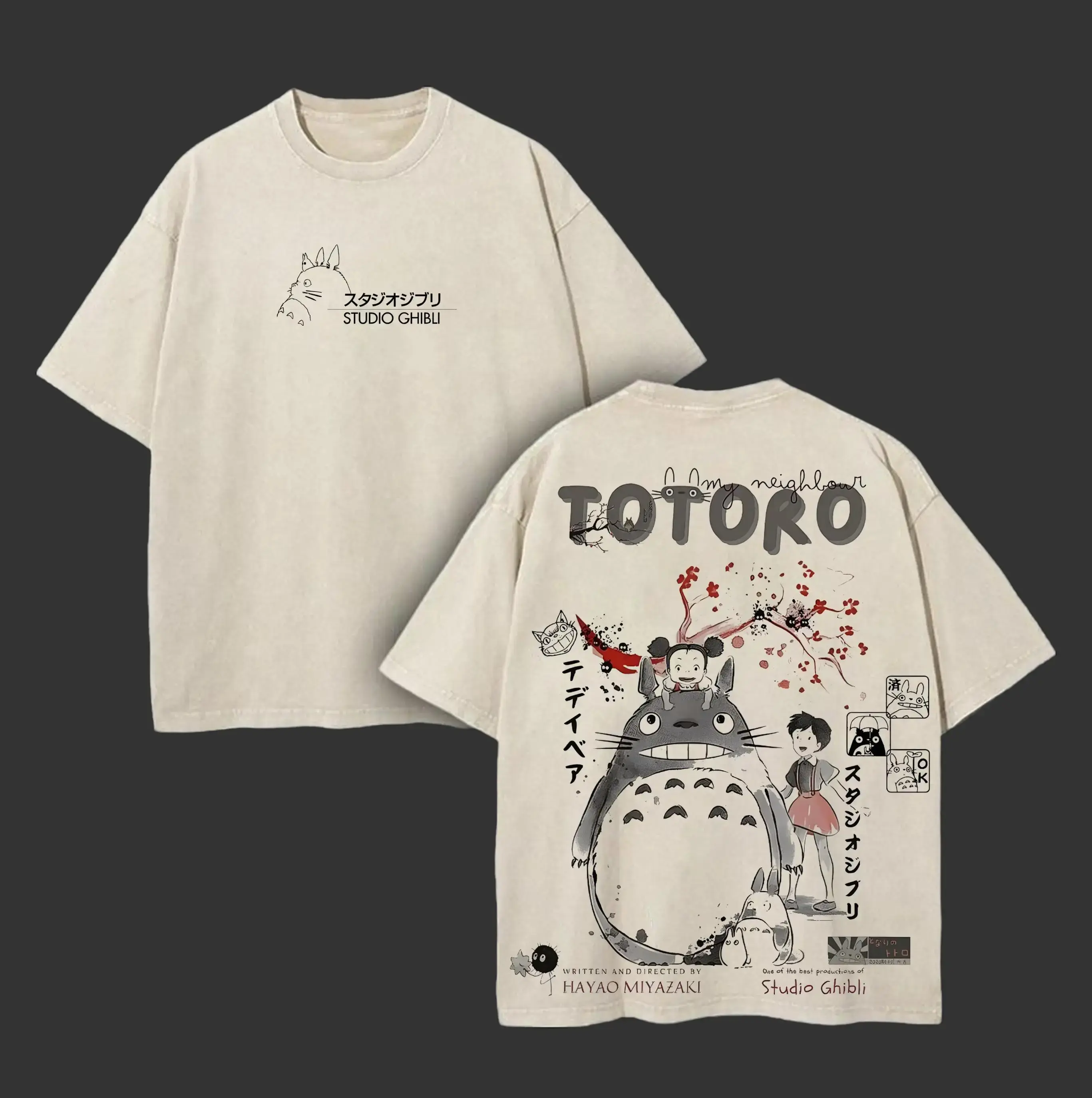 My Neighbor Totoro  - Studio Ghibli Anime Double Printed Vintage Washed Tee Unisex Oversize Anime Manga Washed Heavyweight Cotton T-shirt, Gift For Anime Fan, Anime Lover