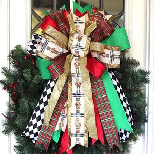 The Ribbon House Nutcracker Christmas Wreath Bow Red Green Gold Plaid Harlequin Ribbon Holiday Door Bow Festive Christmas Decor