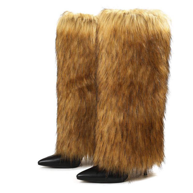Womens Faux Fur Boots Winter Boots Knee High Boot Pointed Toe Stiletto High Heels Side Zipper Long Tall Wide Calf Pull On Comfy Christmas Party Elegant Nightclub Outdoor Fall Autumn Flurry Fuzzy Booties Fashion Shoes