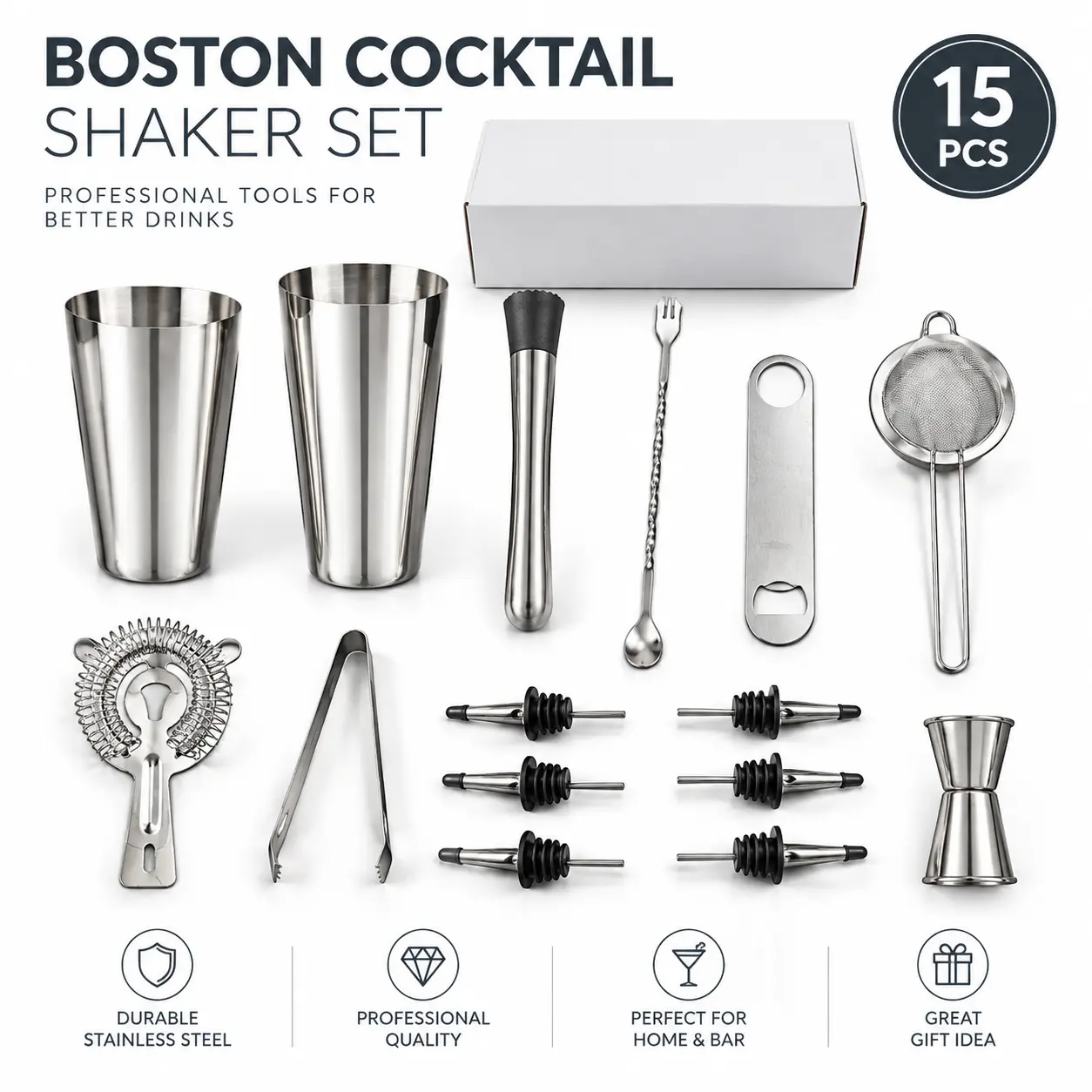 15-Piece Boston Cocktail Shaker Set, Stainless Steel Bartender Bar Tools Kit for Home Bar, Party and Drink Mixing