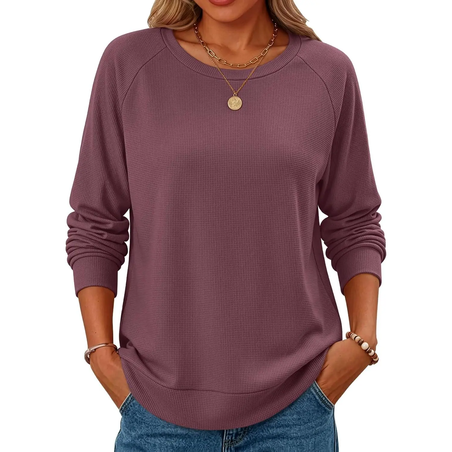 ANRABESS Womens Long Sleeve Waffle Knit Tunic Tops | Crew Neck Loose Fit Shirts with Side Slits, Cozy Casual Blouse for Leggings, Office Daily Wear, Fall Winter Clothes