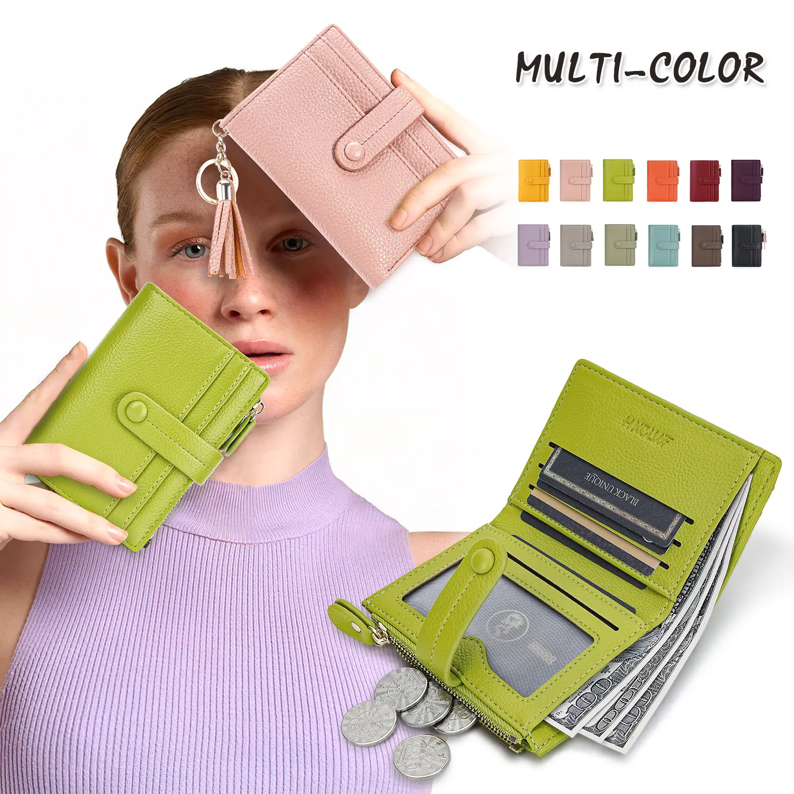 HKCLUF 4050 Small Wallet Women Minimalist Slim Bifold Wallets Zipper Leather Wallet For Women Credit Card Large Capacity Holder Wallets With ID Window