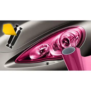 Extra-Wide Headlight Taillight Vinyl Tint Wrap 16 Inch x 48 Inch Roll Including Yellow Detailer  & 2X Black Felt Edge Decals (Pink)