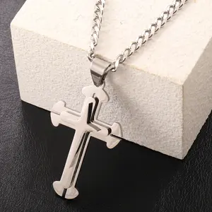 Hermah Silver Cross Pendant Necklace for Men 5mm Cuban Chain 18-24inch