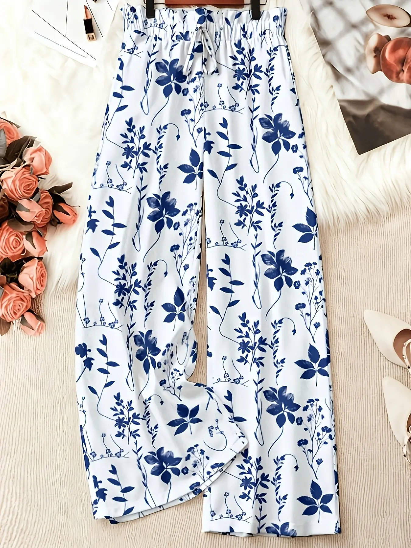 Women's Plus Size Casual Long Pants, All Seasons Trousers, Leaf Print, Drawstring Elastic Waist, Pocket Design, Casual Comfy Pocket, Comfortable and Stylish, Perfect for Daily Wear, Casual Fashion Trousers