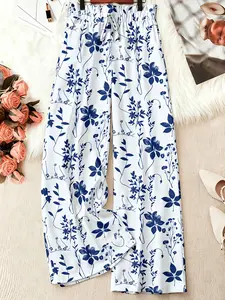 Women's Plus Size Casual Long Pants, Leaf Print, Drawstring Elastic Waist, Pocket Design, Comfortable and Stylish, Perfect for Daily Wear