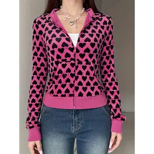 Vintage Suede Heart Printing Contrast Color Hooded Pocket Autumn and Winter New Jacket