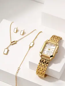 Fashion Rectangle Quartz Jewelry Trendy Watch Set, Stainless Steel Band, Perfect Gift for Women, Daily Wear Accessory, Special Occasions, Rectangular Shape