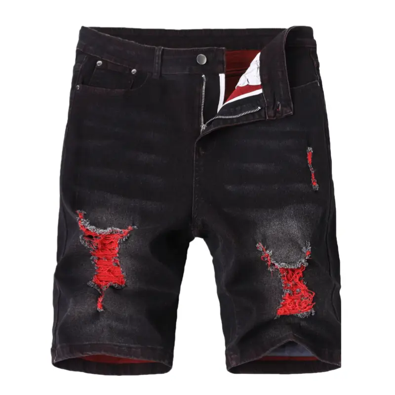 Men's Slim-Fit Stretch Denim Shorts - Mid-Waist Streetwear Retro Ripped Bottoms, Hand-Dyed Distressed Design, Cold-Wash, All-Seasons Casual Essential