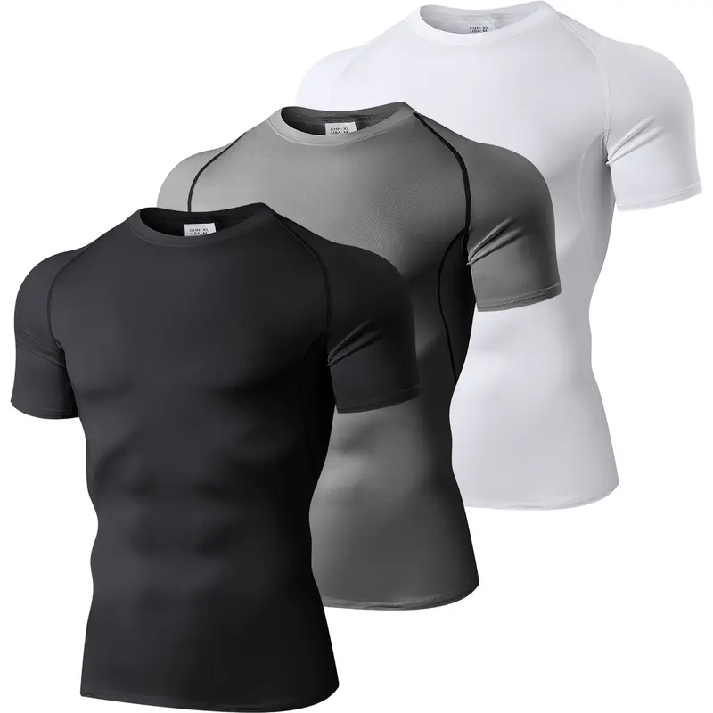 Men's 3-Pack Crew Neck Short-Sleeved Compression Tops - Sweat-Dry Base Layer, Moisture Wicking, Breathable, UV-Protective Gym Activewear for Workout (Do Not Dry Clean)